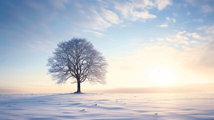Fototapeta na wymiar 冬の背景、空と雪の積もる木、自然の風景