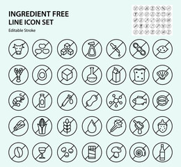 Allergen free badges. No sugar, gluten, lactose, oil free. Outline icons set isolated on white background. Flat illustration. Editable stroke. Pixel perfect. Allergen ingredients vector icons
