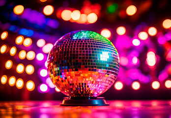 Obraz premium 70s disco concept. Disco ball in neon lighting on podium or stage