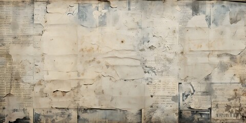 old newspaper wallpaper distressed texture ромкост, in the style of realism with surrealistic elements, late 19th century, disintegrated, expansive, sparse, burned/charred, organic realism  - obrazy, fototapety, plakaty
