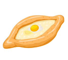 Khachapuri with egg, yolk and soft cheese. Traditional Adjarian and Georgian dish. Freshly baked flat bread with cheese and egg isolated on white background. Vector illustration