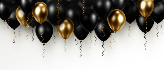 Dark black shiny gold glitter balloons bunch on white background