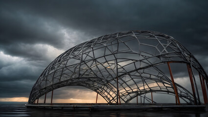 Abstract composition of a steel framework forming an intricate pattern, set against a dramatic, stormy sky. 3D rendering.