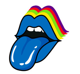 Rock-n-roll music icon. Half-open mouth of a sexy woman, licking, protruding tongue, talking. Sexy womans mouth or lips licking with tongue sticking out. Colors of rainbow. Vector illustration.