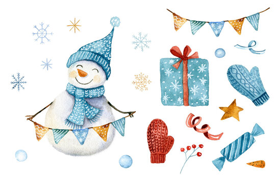 Cute snowmen in knitting hats hand drawn watercolor christmas character set.