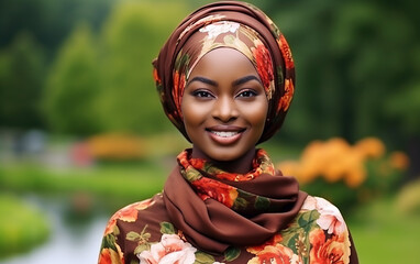 Fototapeta premium A dark-skinned girl in a colorful scarf in the park. Outdoor portrait of young beautiful fashionable lady. Model wearing stylish accessories & clothes. Female beauty & fashion.