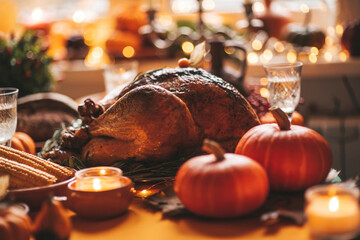 Thanksgiving holiday dinner table setting with fall decoration and pumpkins