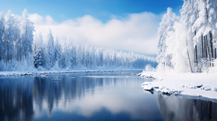 冬の風景、冷たい川・湖の雪景色 - obrazy, fototapety, plakaty