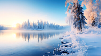 冬の風景、冷たい川・湖の雪景色 - obrazy, fototapety, plakaty