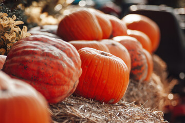 Orange pumpkins for halloween sale at an outdoor market in autumn season