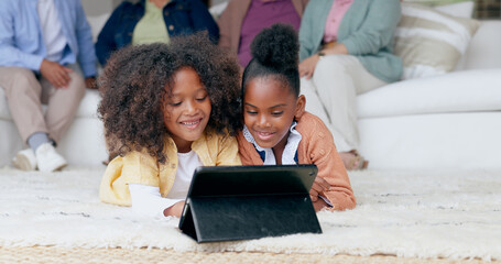 Children, tablet and floor for movie in family home with smile for choice, cartoon or streaming...