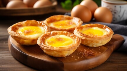 egg tarts served on a rustic wooden board