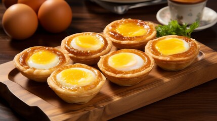 egg tarts served on a rustic wooden board