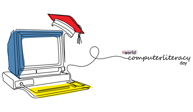 World computer literacy day is celebrated on 2nd December. Digital literacy. Computer related technical efficiency. Foundational computer literacy skills. Advanced programming. Continuous line art.