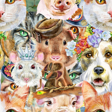 Seamless pattern of of dog, guinea pig, cat, mini pig and rat. Watercolor pets illustration. Watercolor hand drawn illustration