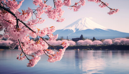 mount fuji with cherry blossoms