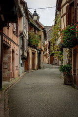 Fototapeta na wymiar Famous and typical alsacian architecture in Alsace in Ribeauvillé in France on November 03th 2023