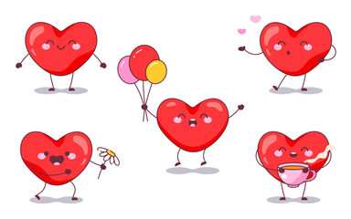 Cheerful Heart Mascot Pack. Vector Illustration of Cute Heart Characters in Various Cute Poses, Perfect for Valentine's Day, Romantic, and Love Themed Designs.