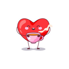 Heart Mascot with Warm Drink Icon. Vector Illustration of a Love Heart Character Holding a Cozy Mug, Ideal for Comforting and Relaxing Themes.