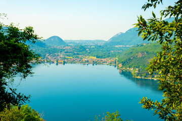 Mountain View From Switzerland to Italy City Porto Ceresio and Lake Lugano in Morcote, Ticino,...