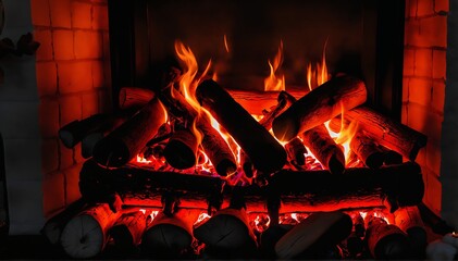 A fire in a cozy fireplace, showcasing roaring flames and warm embers. With flickering orange and...