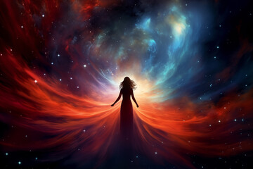 silhouette of a woman against the background of a nebula in space, standing with her back, light effects, nebula, stars and galaxy