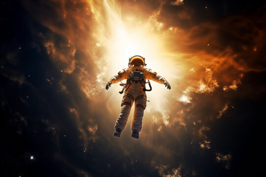 an astronaut in outer space, dressed in a spacesuit, against the background of a light stream