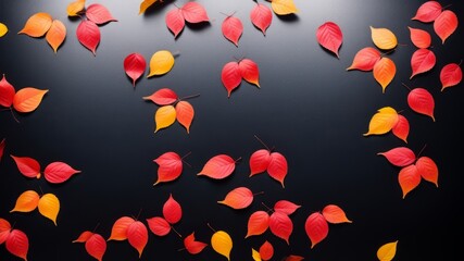 Autumn background with colored red leaves on blue slate background. Top view. AI Generated