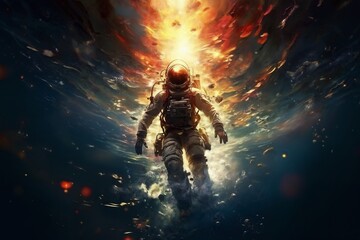 astronaut underwater, dressed in a spacesuit, helmet, abstract wave background - obrazy, fototapety, plakaty