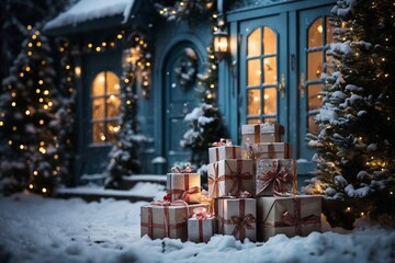 exteriors of the house are decorated for Christmas or New Year's holiday, city street in winter, snow, gifts on the porch, and street lights, a fairy-tale environment - obrazy, fototapety, plakaty