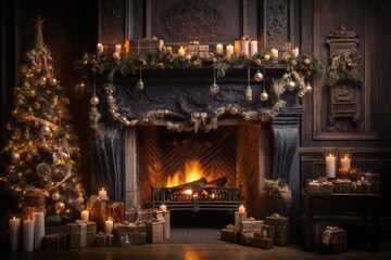 Fototapeta na wymiar interior of house with burning fire in fireplace, decorated for Christmas or New Year holidays, gifts, Christmas tree, winter season