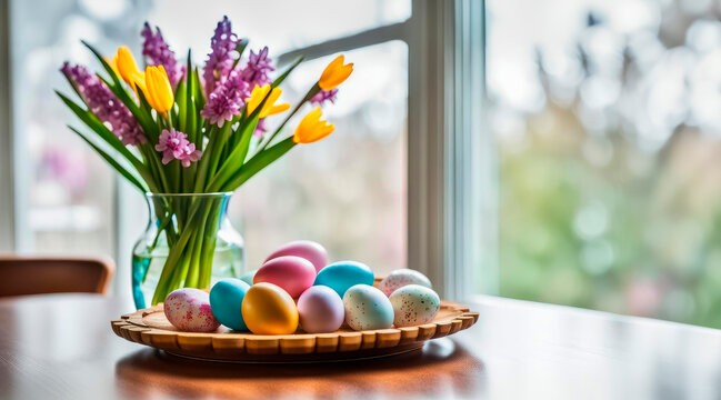 Easter eggs, feathers in a plate on wooden table. Card with a copy of the place for the text.