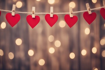 Happy Valentine's Day wedding birthday background banner panorama greeting - Red hearts hang on wooden clothes pegs on a string, with bokeh lights in the background - obrazy, fototapety, plakaty