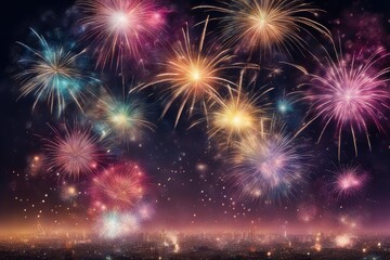 Fototapeta premium Silvester 2024, New Year's Eve, New Year, Festival Party celebration holiday background banner panorama - Colorful firework fireworks texture on dark night sky.