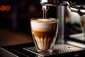 Espresso elegance. Morning rituals at modern cafe. Barista craft. Precision in every coffee drop. Cappuccino creations. Symphony of aroma and froth. Close up of expertise