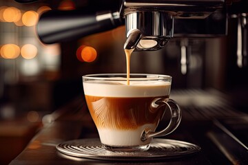 Espresso elegance. Morning rituals at modern cafe. Barista craft. Precision in every coffee drop. Cappuccino creations. Symphony of aroma and froth. Close up of expertise