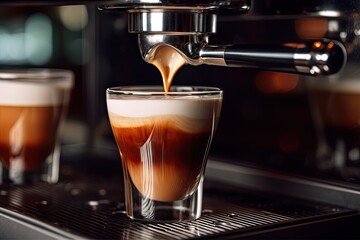 Espresso elegance. Morning rituals at modern cafe. Barista craft. Precision in every coffee drop. Cappuccino creations. Symphony of aroma and froth. Close up of expertise