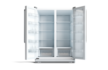Major appliance - Front view white open doors two-door side by side refrigerator fridge on a white background. Isolated