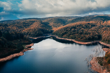 Obraz na płótnie Canvas Forest in Autumn with trees near a lake in the mountains aerial view