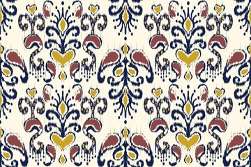 Ikat paisley floral colorful pattern. Illustration ikat paisley floral drawing shape seamless pattern. Ikat all over floral pattern use for fabric, textile, home decoration elements, upholstery, etc.