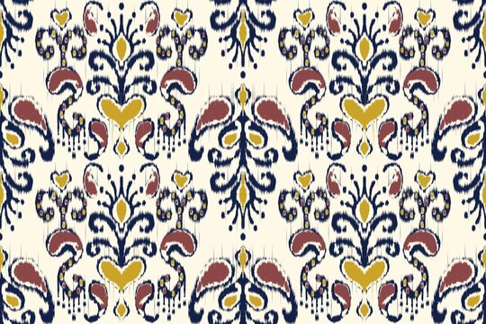 Ikat paisley floral colorful pattern. Illustration ikat paisley floral drawing shape seamless pattern. Ikat all over floral pattern use for fabric, textile, home decoration elements, upholstery, etc.