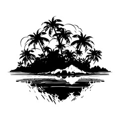 beach, palm, tree, island, sea, summer, tropical, vector, sun, illustration, travel, nature, ocean, water, silhouette, landscape, vacation, sunset, ship, sky, palm tree, hawaii, cartoon, paradise, hol - obrazy, fototapety, plakaty
