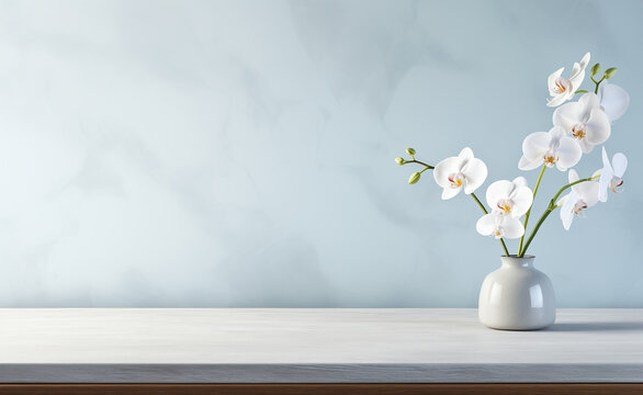 White vase with orchid on a background of a gray wall