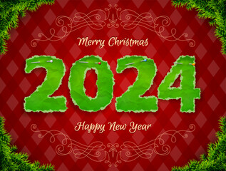 New Year 2024 of crumpled paper pinned pin. Paper numbers with torn edge surrounded by pine twigs. Vector illustration for new years day, christmas, winter holiday, new years eve, silvester, etc