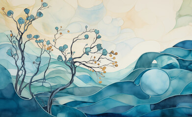Abstract artwork inspired by nature, featuring organic shapes and soothing colors.