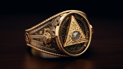 A beautifully textured Masonic ring displayed against a velvet background, emphasizing its elegance...