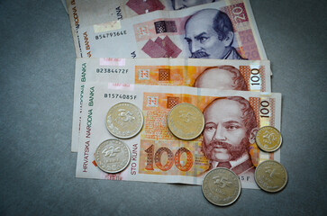 money and coins , Croatian currency kuna - money converted into euro - obrazy, fototapety, plakaty