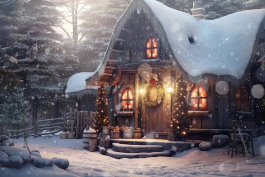 Cozy winter cabin nestled in snowy forest, adorned with festive decorations, at night.
