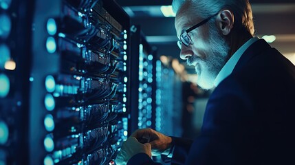 Portrait of senior information technology specialist person in the dark with blue light data center server room background. - obrazy, fototapety, plakaty