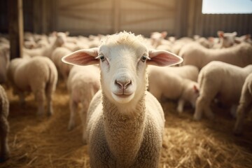 Portrait of a cute lamb on a background of sheep in the barn - obrazy, fototapety, plakaty